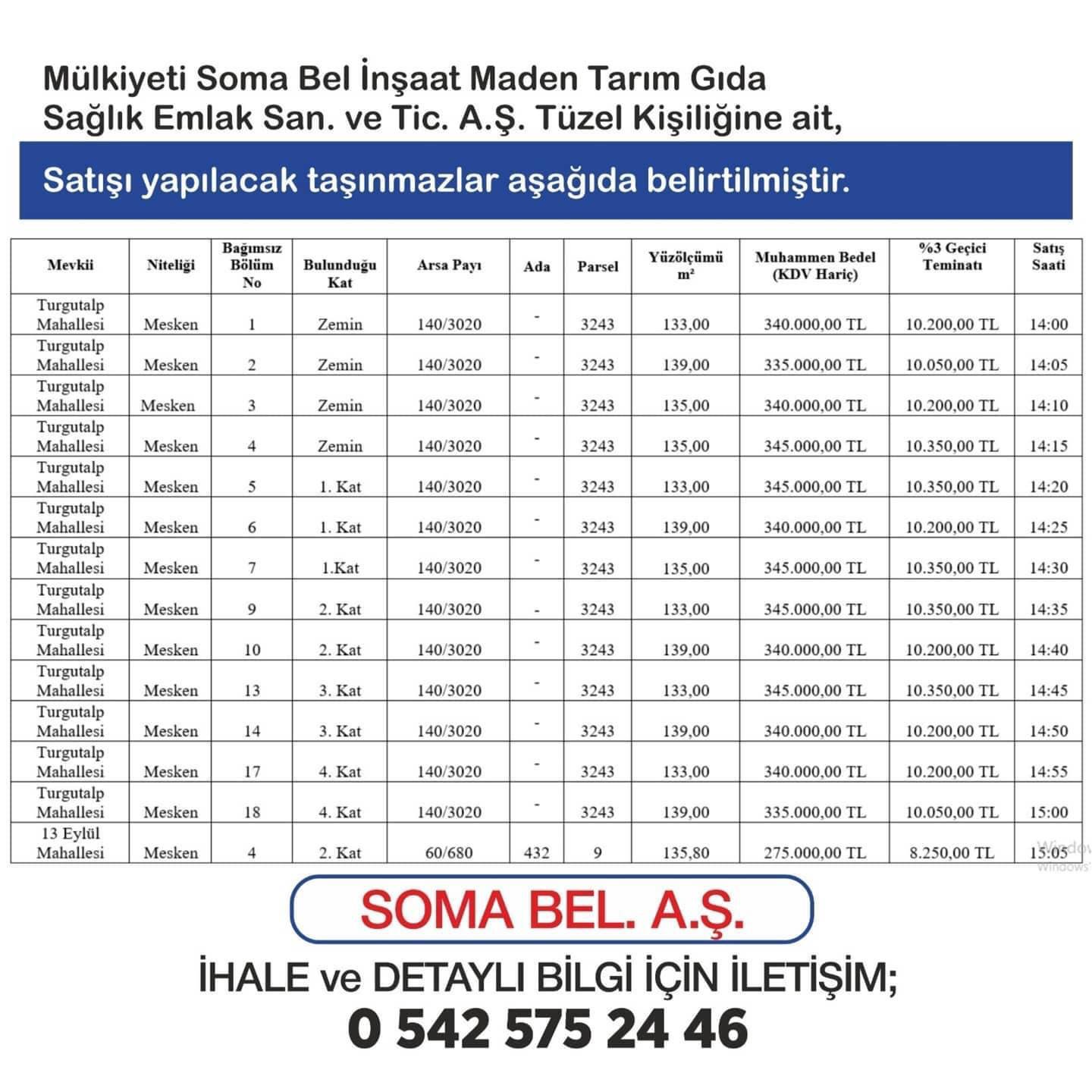 Soma Bel. A.Ş. Taşınmazları İhaleye Çıkıyor!